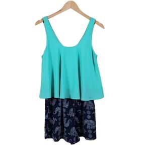 Love Blossom Elephant Print Romper Mint Navy Layered Sleeveless Women Size M
